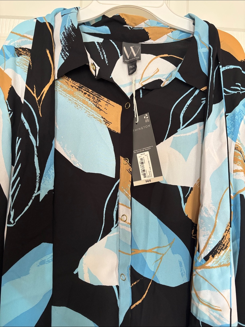 Worthington Black/Blue Button-Down Tie-Neck Blouse - Picture 5 of 5